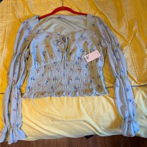 SO Light Green Floral Smocked Blouse